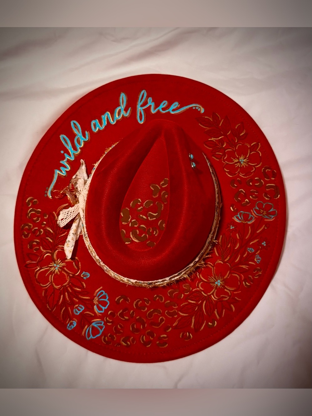 Wild and Free Red Floral hand painted wide brim